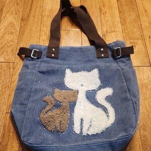 Denim Cat Tote Bag Embroidered Cat Design Shoulder Bag